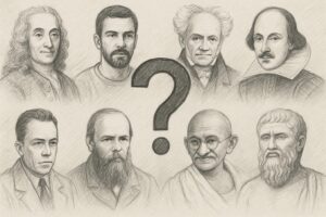 Esboços em preto e branco de Gonzaguinha, Camus, Dostoiévski, Shakespeare, Wilde, Gandhi e Platão em volta de um grande ponto de interrogação no centro, simbolizando a pergunta sobre o sentido da vida