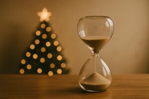 reflexão sobre o tempo com ampulheta e luzes de Natal desfocadas ao fundo