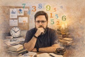 Ilustração de um homem pensativo sentado à mesa, apoiando o queixo na mão, cercado por livros, papéis, gráficos e uma xícara de café. Ao fundo, números coloridos flutuam, simbolizando lógica, estrutura e pensamento, em contraste com um ambiente acolhedor e reflexivo.