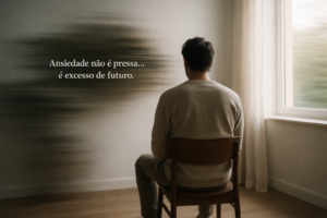 Homem sentado de costas em uma cadeira, próximo a uma janela com luz natural suave, enquanto o ambiente ao redor aparece borrado, sugerindo movimento e inquietação mental.