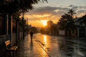 Pessoa caminhando por uma rua molhada ao amanhecer, iluminada pela luz do sol, simbolizando recomeços, passagem do tempo e superação.