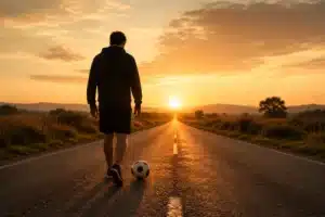 Pessoa caminhando por uma estrada ao amanhecer enquanto conduz uma bola de futebol, simbolizando recomeços, superação e a decisão de seguir em frente.