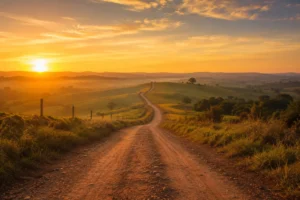 Estrada de terra atravessando colinas ao amanhecer, iluminada pela luz dourada do sol, simbolizando um novo caminho e a superação.