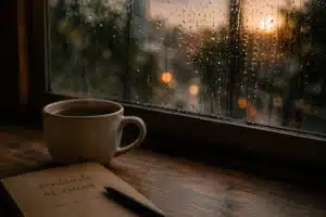 Xícara de café ao lado de uma janela com gotas de chuva, em um ambiente acolhedor e silencioso, simbolizando reflexão e superação.