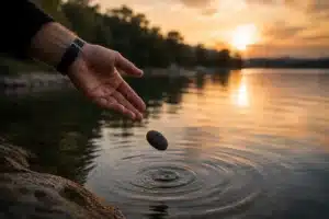 Mão soltando uma pequena pedra sobre um lago calmo ao pôr do sol, formando ondas na água e simbolizando aceitação e superação.