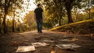 Homem caminhando por uma estrada com folhas de outono e fotografias antigas espalhadas pelo caminho.