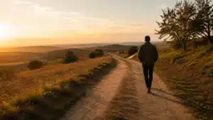 Homem caminhando por uma estrada ao pôr do sol, acompanhado pela própria sombra