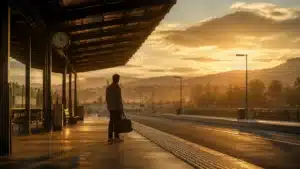 Pessoa esperando em uma plataforma vazia ao entardecer, representando a saudade de um futuro que nunca aconteceu.